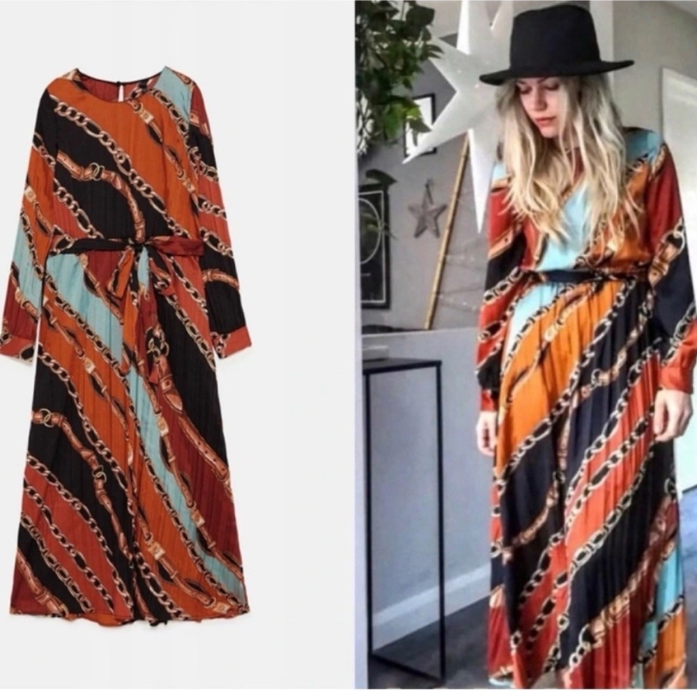 ZARA Chain Belted Pleated Dress NWOT
